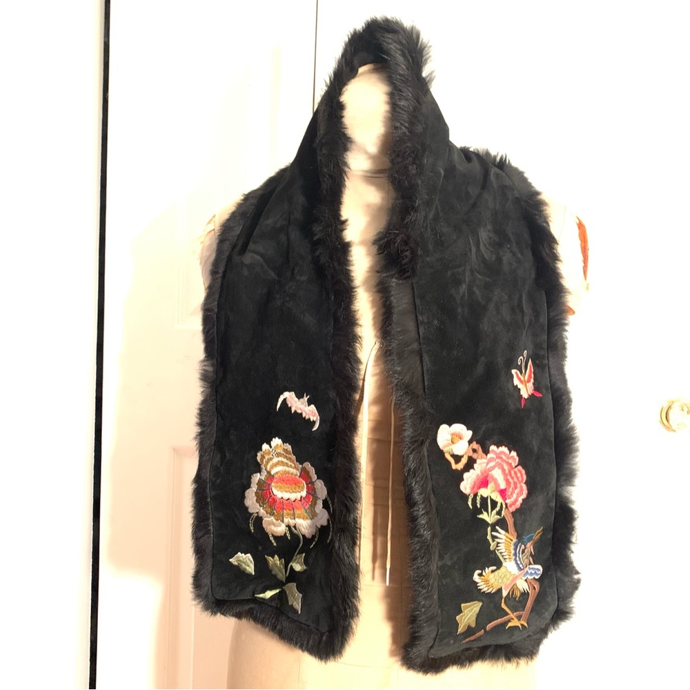 Natori suede and fur flowers birds butterfly embroidered scarf